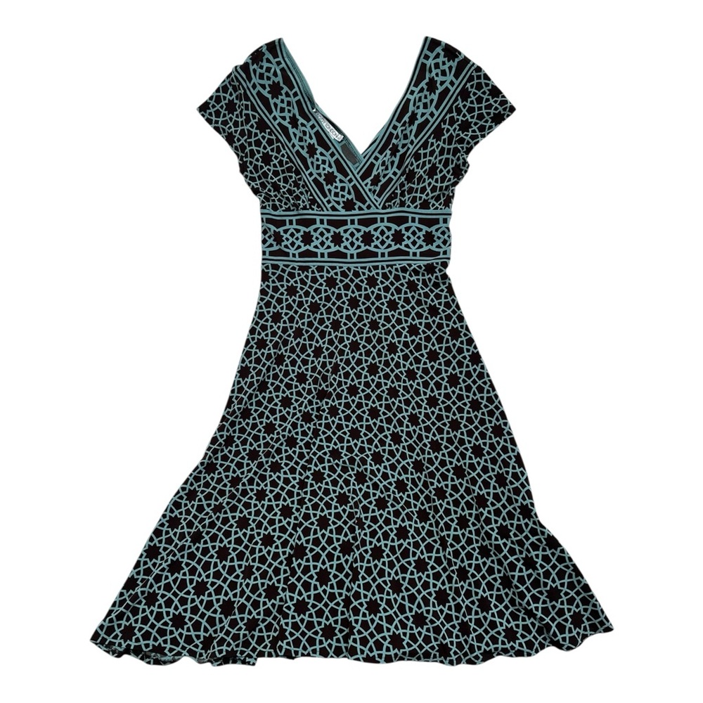 Maggy London Dark Brown & Aqua Print V-neck Midi Dress